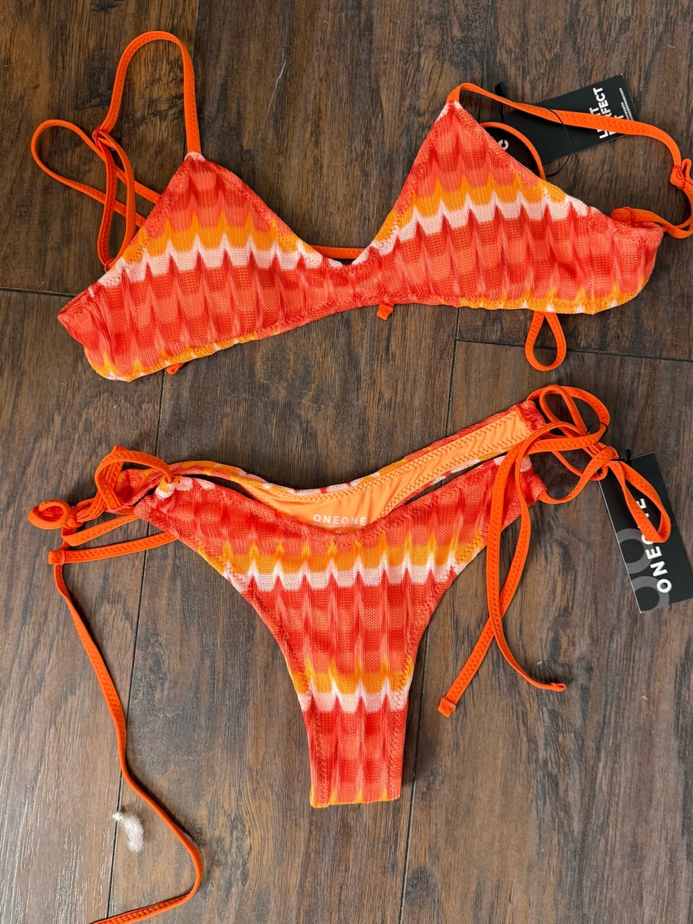 ONEONE Orange & Red Tie-Side Wave Bikini Set (top and bottom)